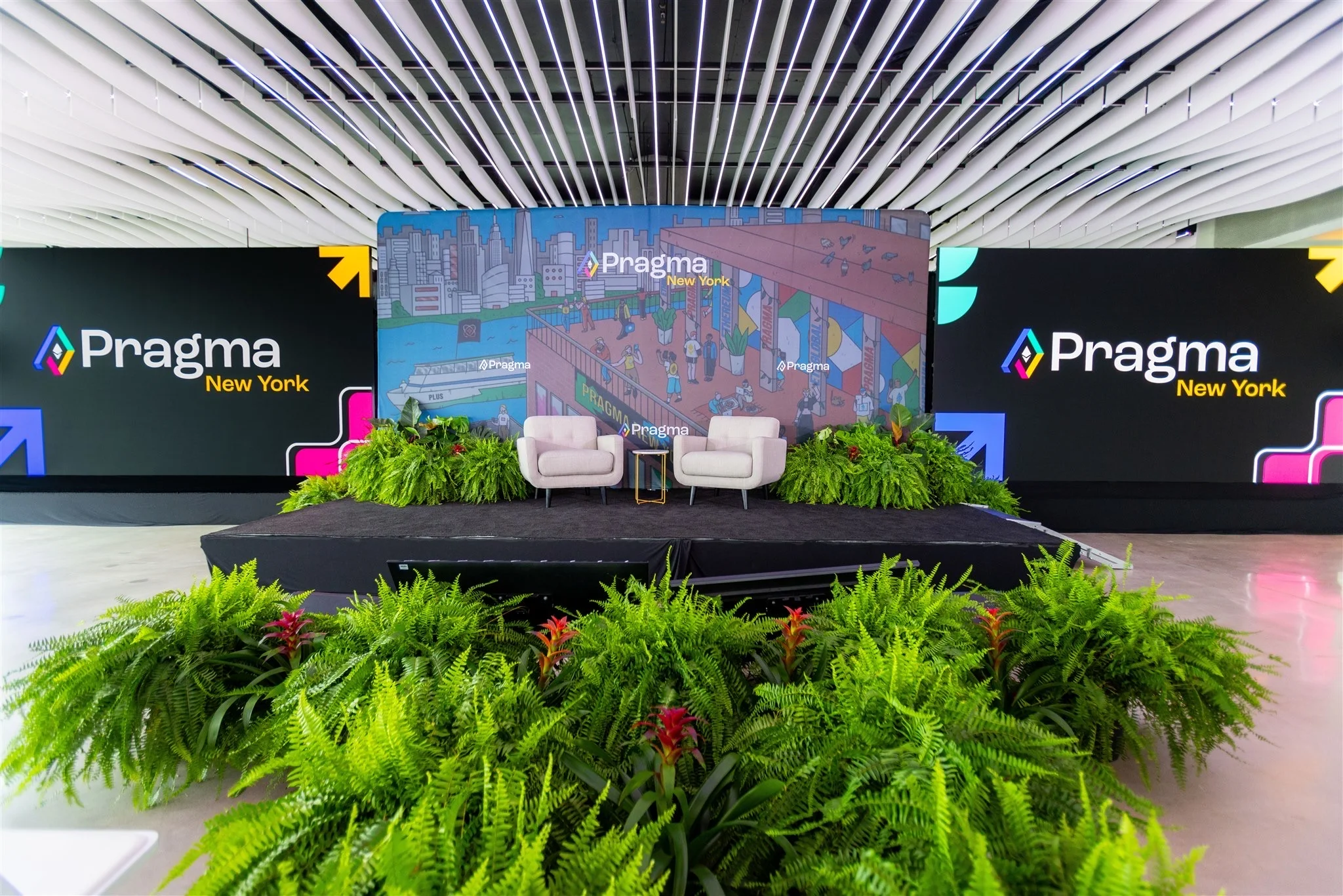 Pragma New York conference stage with screens at VESPER, a Williamsburg corporate event venue in Brooklyn