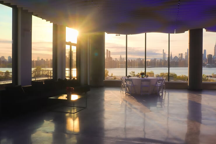 Elegant and modern wedding ceremony setup at Vesper Events, Brooklyn's premier wedding venue