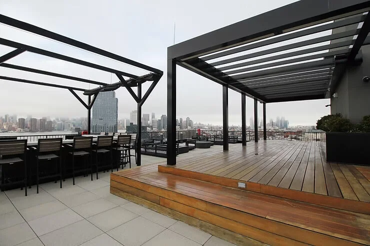 Rooftop terrace with Manhattan skyline views at VESPER, a rooftop wedding venue in Williamsburg, Brooklyn