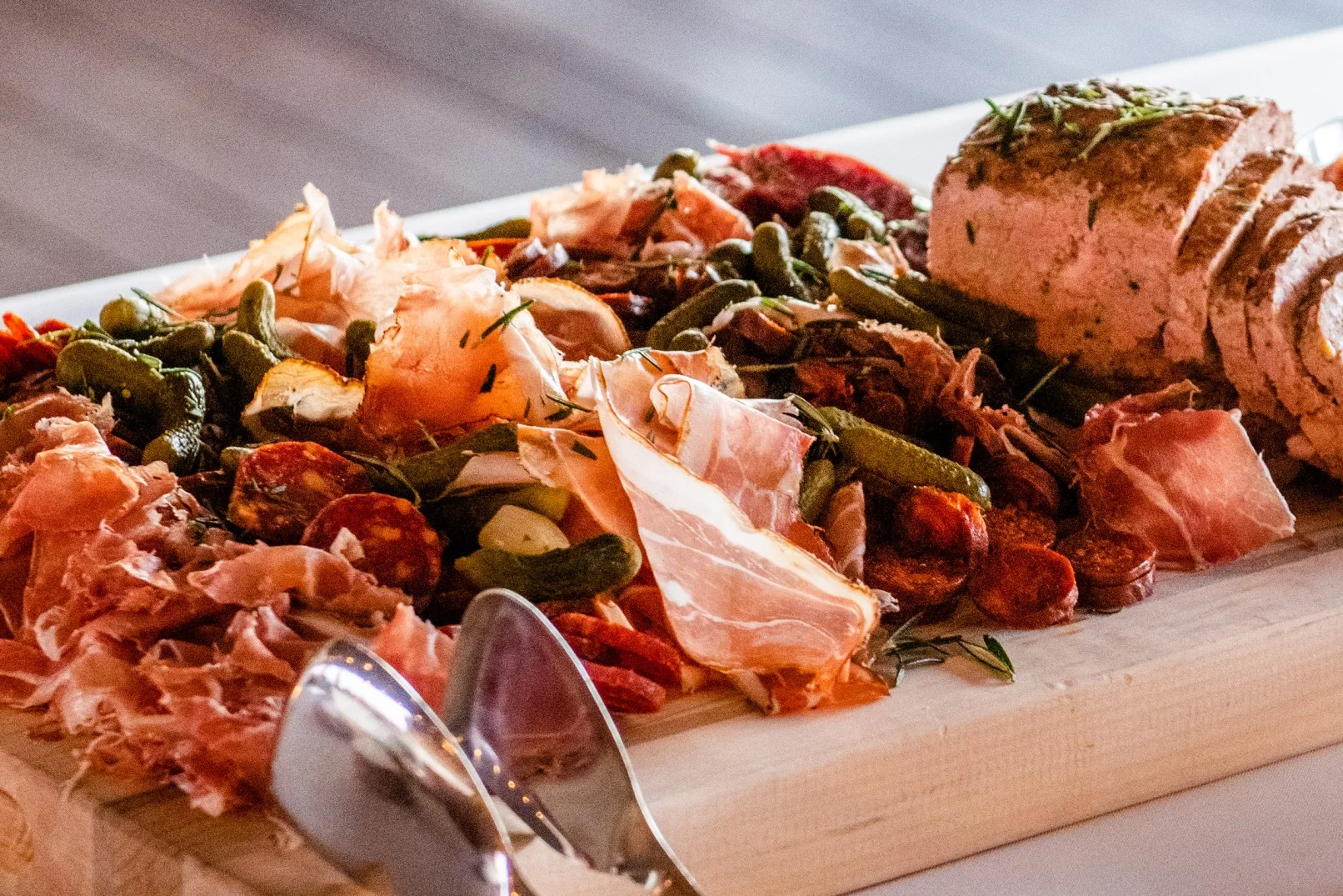 In-house catering spread with artfully presented dishes at Vesper Events wedding venue, Brooklyn