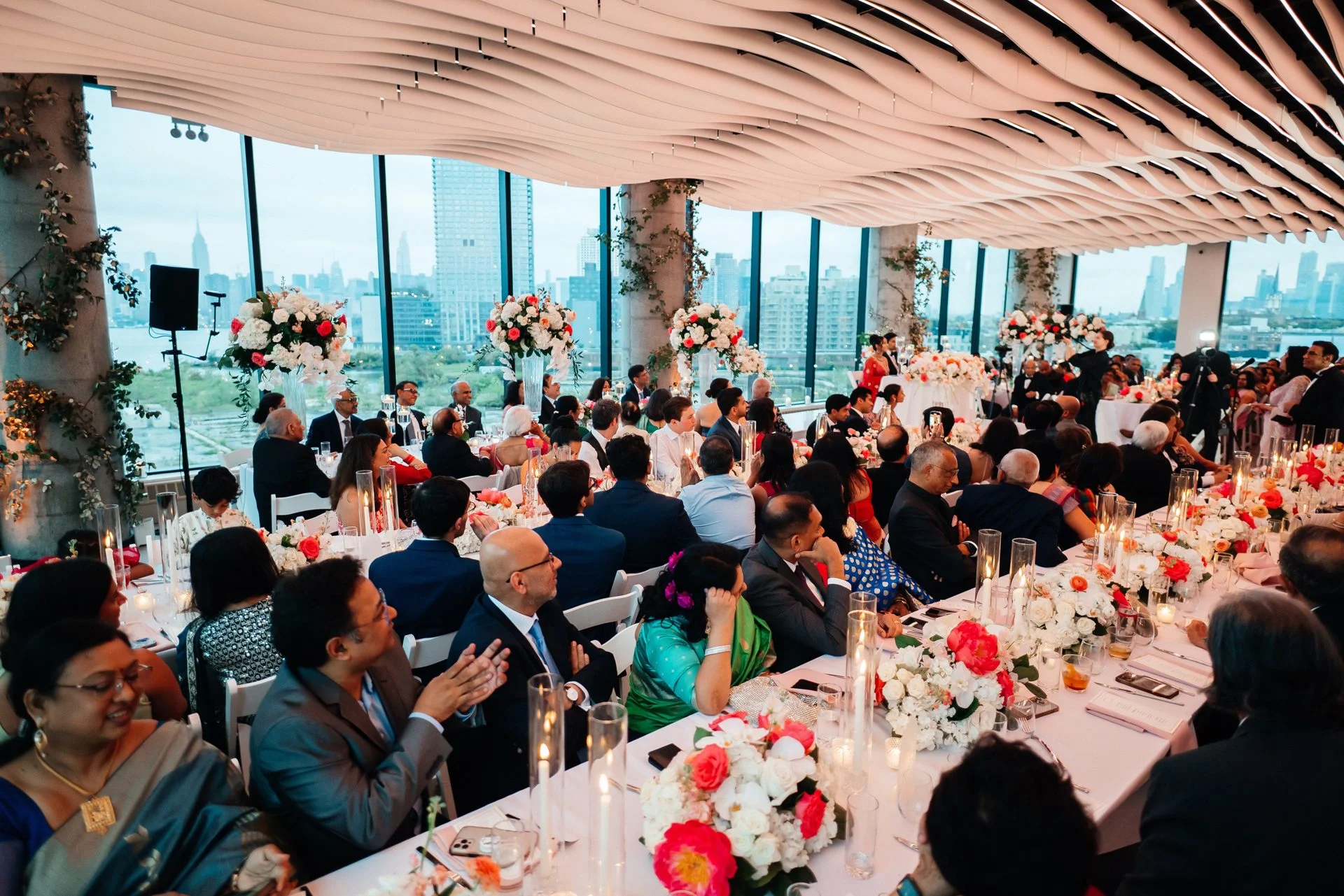 Intimate candlelit dinner reception set within Vesper Events' expansive Brooklyn loft event space