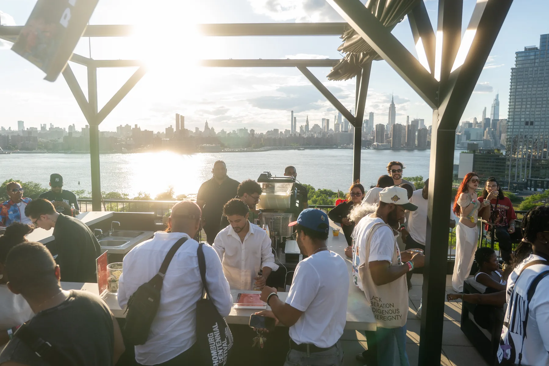 Rooftop event space at VESPER in Brooklyn set for a corporate event with Manhattan skyline views and lounge seating