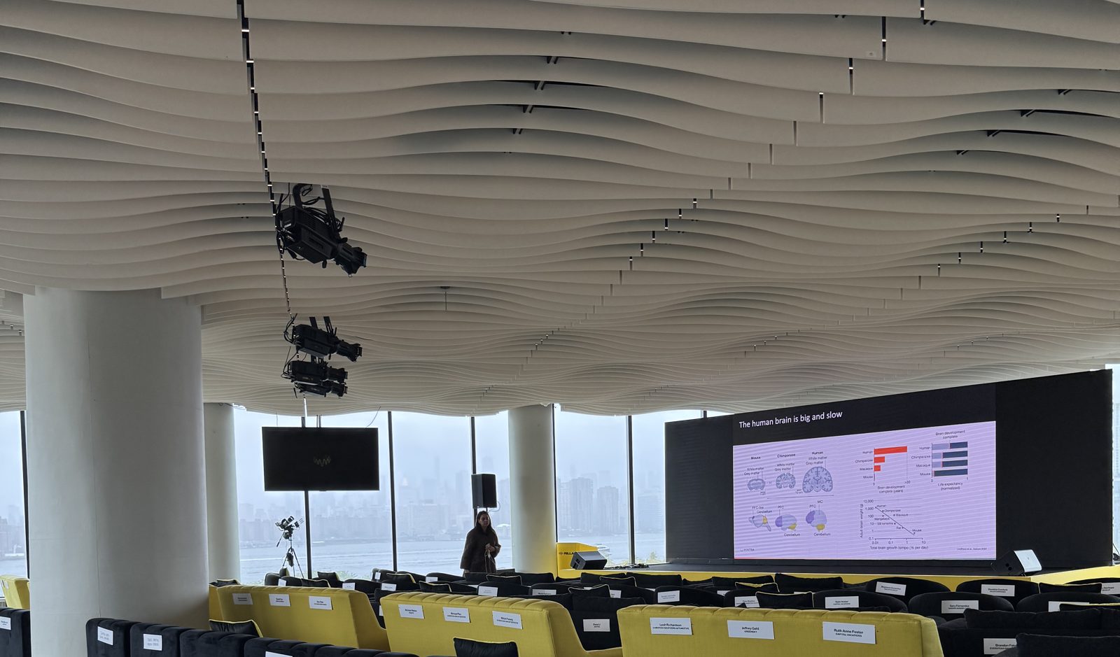 Lighting and camera rigs hung from the ceiling above keynote seating and an LED video wall at VESPER in Brooklyn