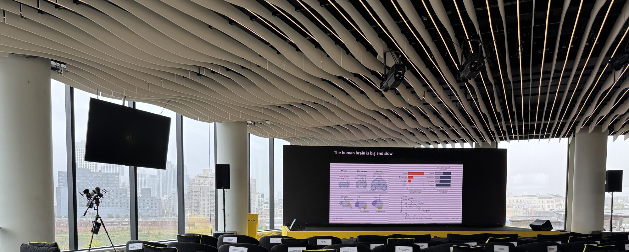 Keynote venue in NYC: lounge seating facing an LED video wall at VESPER, with the Manhattan skyline through floor-to-ceiling windows